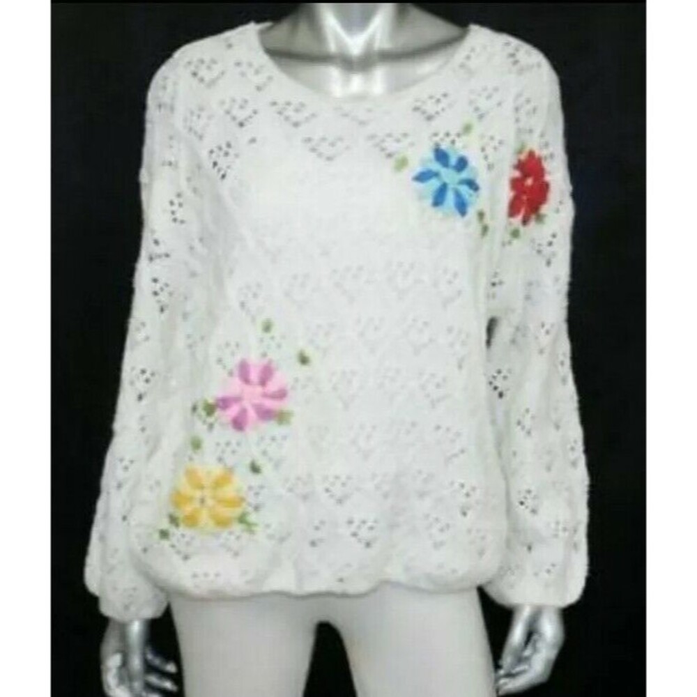 Floral Crochet Sweater Top Knit Size L large Off White Acrylic tie back Y2K